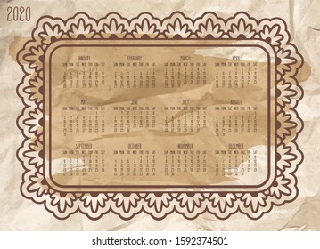 Year 2020 vector monthly calendar. Ornate frame design over vintage brown crumpled paper background. Week starting from Sunday.