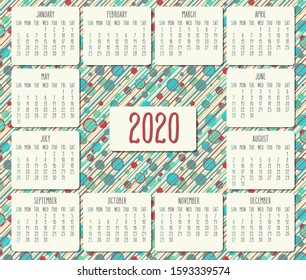 Year 2020 vector monthly calendar. Week starting from Sunday. Bright colored dots and stripes light design.