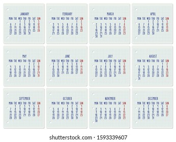 Year 2020 vector monthly calendar on a squared notebook page. Hand written chequered note pad sheet typography. Week starting from Monday.