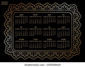 Year 2020 vector monthly calendar. Week starting from Sunday. Victorian ornate golden frame design isolated over black background.