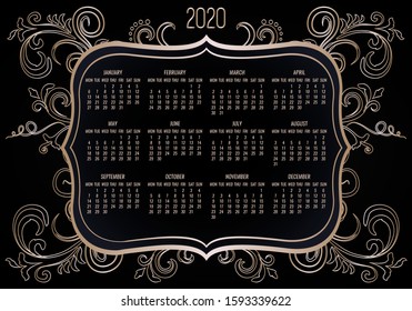 Year 2020 vector monthly calendar. Victorian ornate rose golden frame design isolated over black background. Week starting from Monday.