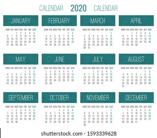 Year 2020 vector monthly calendar with lacy doodle ornate hand drawn teal green and white design. Week starting from Monday.