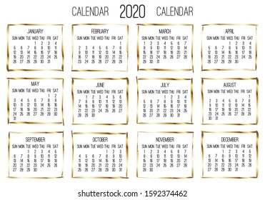 Year 2020 vector monthly modern calendar. Contemporary golden brush stroke frame design over white background. Week starting from Sunday.