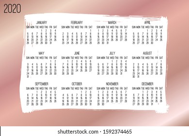 Year 2020 vector monthly modern calendar. Week starting from Sunday. Contemporary rose golden brush stroke frame design.