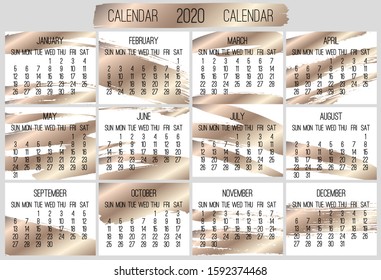 Year 2020 vector monthly modern calendar. Contemporary bronze golden brush stroke design over white background. Week starting from Sunday.