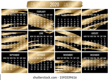 Year 2020 vector monthly modern calendar. Contemporary golden brush stroke design over black background. Week starting from Monday.