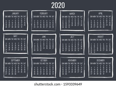 Year 2020 vector monthly modern calendar. Contemporary hand drawn brush stroke dark grey frame design. Week starting from Sunday.