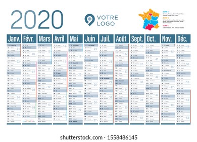 Year 2020 wall calendar, in French language, on white background. Vector template