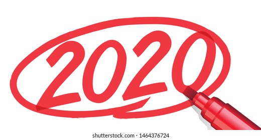 The year 2020 written by hand and surrounded by a red circle with a marker or marker, on a white paper background