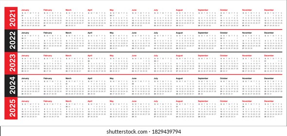 Year 2021 2022 2023 2024 2025 calendar vector design template, simple and clean design