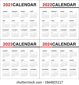 Year 2021 2022 2023 2024 calendar vector design template, simple and clean design