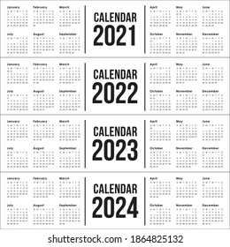 Year 2021 2022 2023 2024 calendar vector design template, simple and clean design