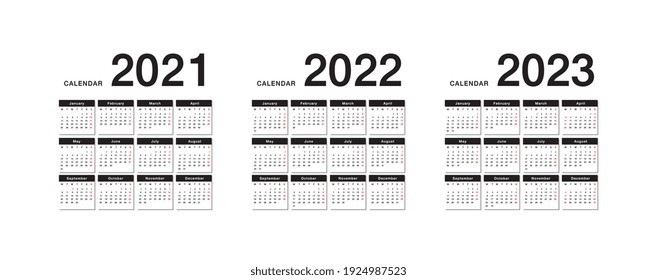 Year 2021 and Year 2022 and Year 2023 calendar vector design template, simple and clean design. Calendar for 2022 and 2023 on White Background for organization and business. Week Starts Monday. 