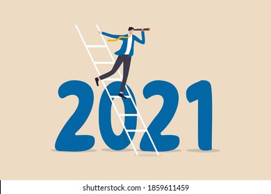 Year 2021 Business Outlook, Vision To See The Way Forward, Forecast, Prediction And Business Success Concept, Businessman Leader Using Telescope To See Vision On Top Of Ladder Above Year 2021 Number.