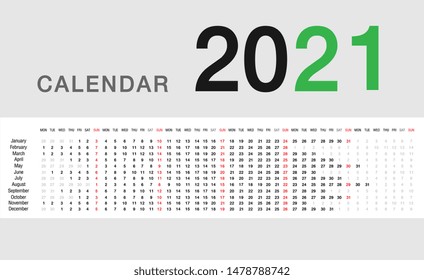 Year 2021 calendar horizontal vector design template, simple and clean design. Calendar for 2019 and 2020 on White Background for organization and business. 