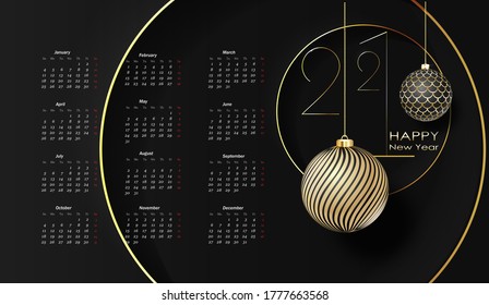 Year 2021 calendar horizontal vector design template, gold design. Vector