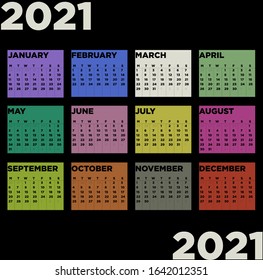 Year 2021 calendar square vector design template, simple and clean design. Colorful Calendar for Year 2021 on Black Background for organization and business. Week Starts Monday.