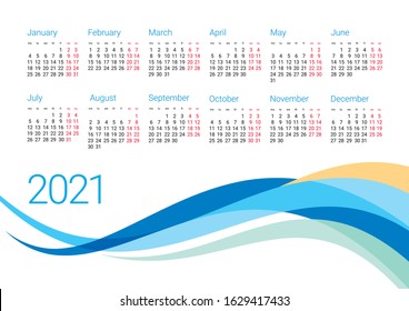 Year 2021 calendar vector design template. Week starts Monday