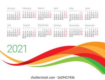 Year 2021 calendar vector design template. Week starts Monday