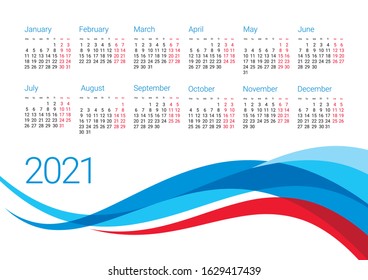 Year 2021 calendar vector design template. Week starts Monday