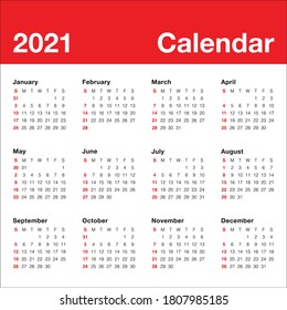 Plantilla de diseño de vectores de calendario para el año 2021, diseño simple y limpio