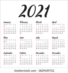 Year 2021 calendar vector design template, simple and clean design