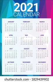 Year 2021 calendar vector design template, simple and clean design