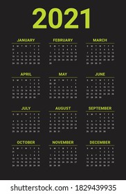 Year 2021 calendar vector design template, simple and clean design