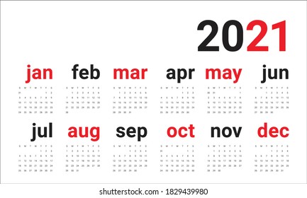 Year 2021 calendar vector design template, simple and clean design