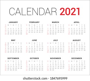 Plantilla de diseño de vectores de calendario para el año 2021, diseño simple y limpio