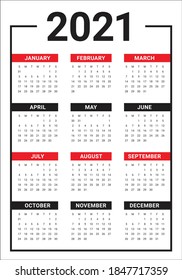 Year 2021 calendar vector design template, simple and clean design