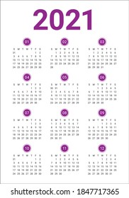 Plantilla de diseño de vectores de calendario para el año 2021, diseño simple y limpio