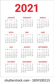 Year 2021 calendar vector design template, simple and clean design