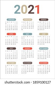 Plantilla de diseño de vectores de calendario para el año 2021, diseño simple y limpio