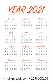 Plantilla de diseño de vectores de calendario para el año 2021, diseño simple y limpio