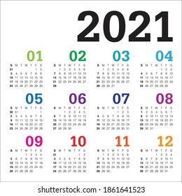 Jahr 2021 Kalendervorlage für Vektordesign, einfach und sauber