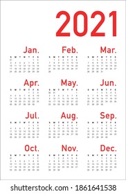 Plantilla de diseño de vectores de calendario para el año 2021, diseño simple y limpio