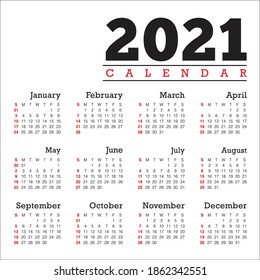 Year 2021 calendar vector design template, simple and clean design