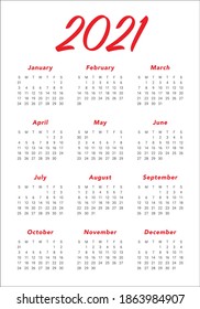 Year 2021 calendar vector design template, simple and clean design