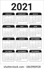 Year 2021 calendar vector design template, simple and clean design