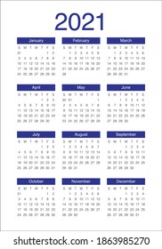 Year 2021 calendar vector design template, simple and clean design