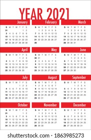 Year 2021 calendar vector design template, simple and clean design