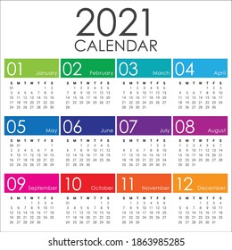 Year 2021 calendar vector design template, simple and clean design