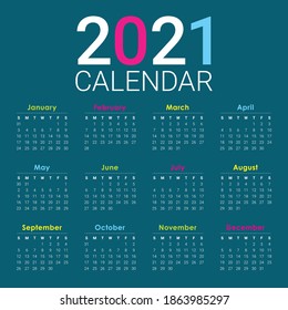 Year 2021 calendar vector design template, simple and clean design