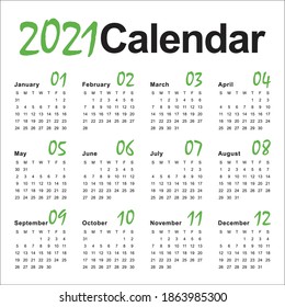Year 2021 calendar vector design template, simple and clean design