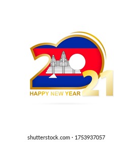Año 2021 con patrón de bandera de Camboya. Feliz Diseño de Año Nuevo. Ilustración vectorial.