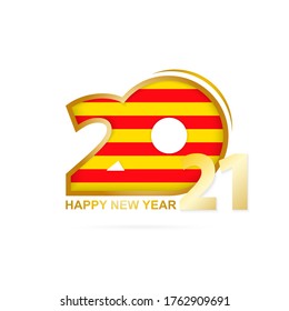 Año 2021 con patrón de bandera de Cataluña. Feliz Diseño de Año Nuevo. Ilustración vectorial.