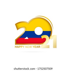 Año 2021 con patrón de bandera de Colombia. Feliz Diseño de Año Nuevo. Ilustración vectorial.