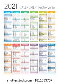 Year 2021 colorful calendar, in French language, on white background. Vector template.
