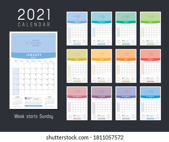 Year 2021 colorful calendar. Monthly one page wall agenda. Week starts Sunday. Vector template.